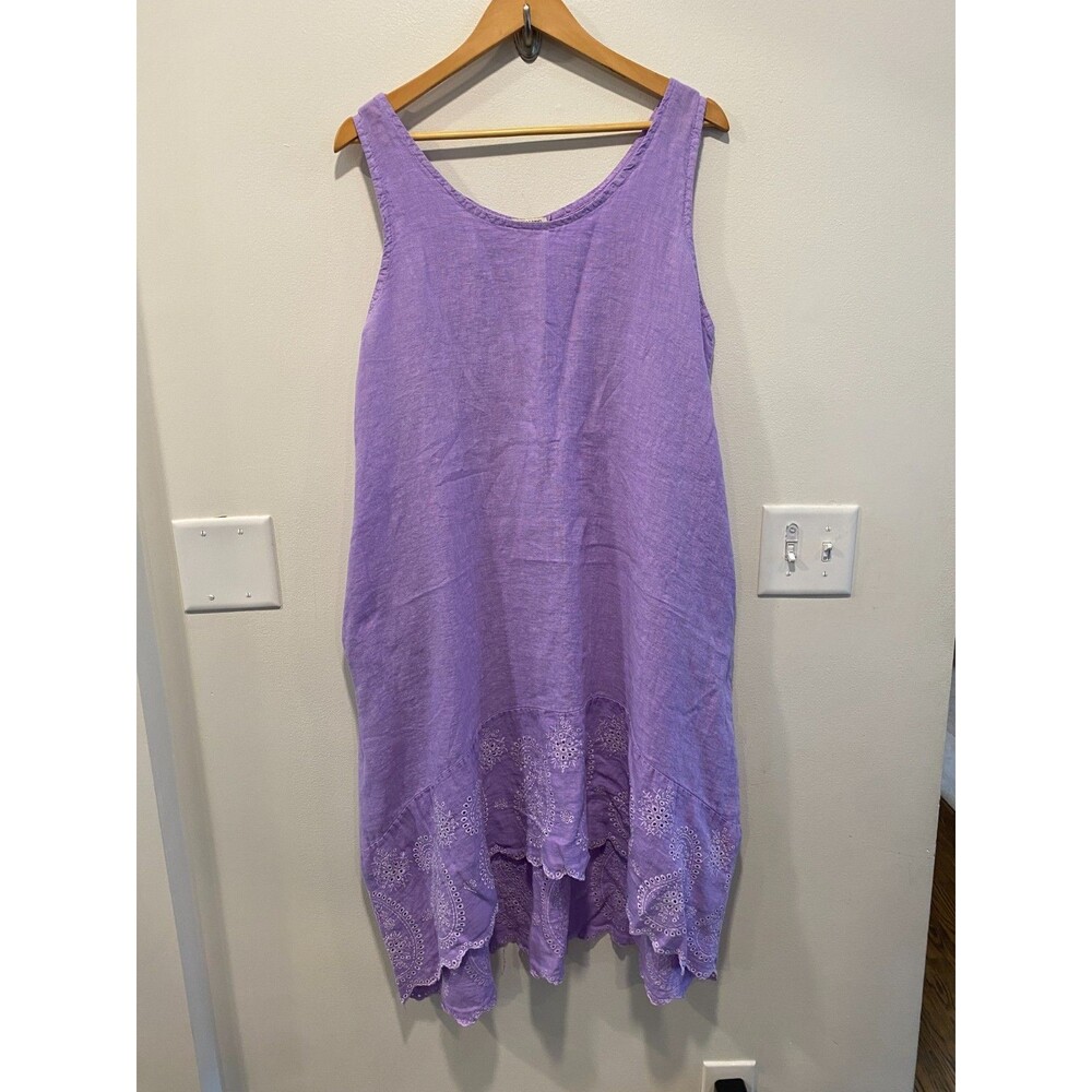 Lungo L’Arno Linen Sleeveless Dress Women's XL Eyelet High Low Hem 100% Linen